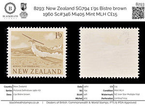 8293: New Zealand SG794 1'9s Bistre brown 1960 Sc#346 Mi405 Mint MLH C£15