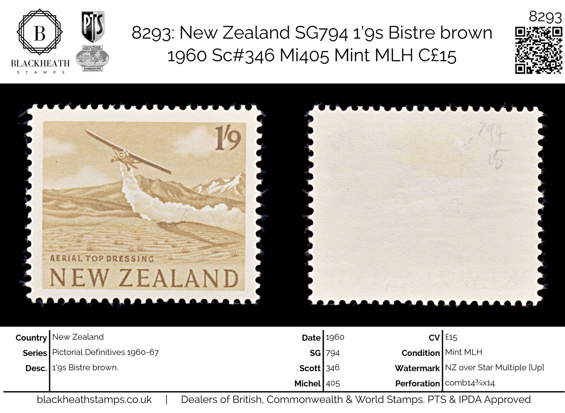 8293: New Zealand SG794 1'9s Bistre brown 1960 Sc#346 Mi405 Mint MLH C£15