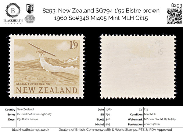 8293: New Zealand SG794 1'9s Bistre brown 1960 Sc#346 Mi405 Mint MLH C£15