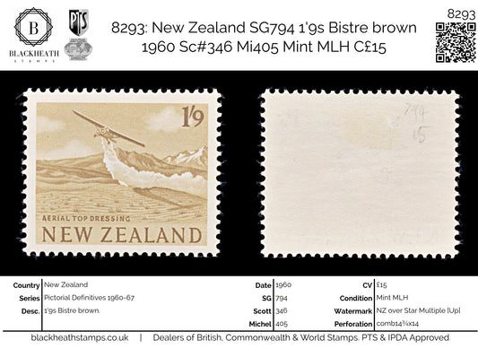 8293: New Zealand SG794 1'9s Bistre brown 1960 Sc#346 Mi405 Mint MLH C£15
