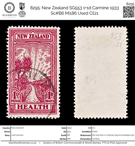 8295: New Zealand SG553 1+1d Carmine 1933 Sc#B6 Mi186 Used C£21