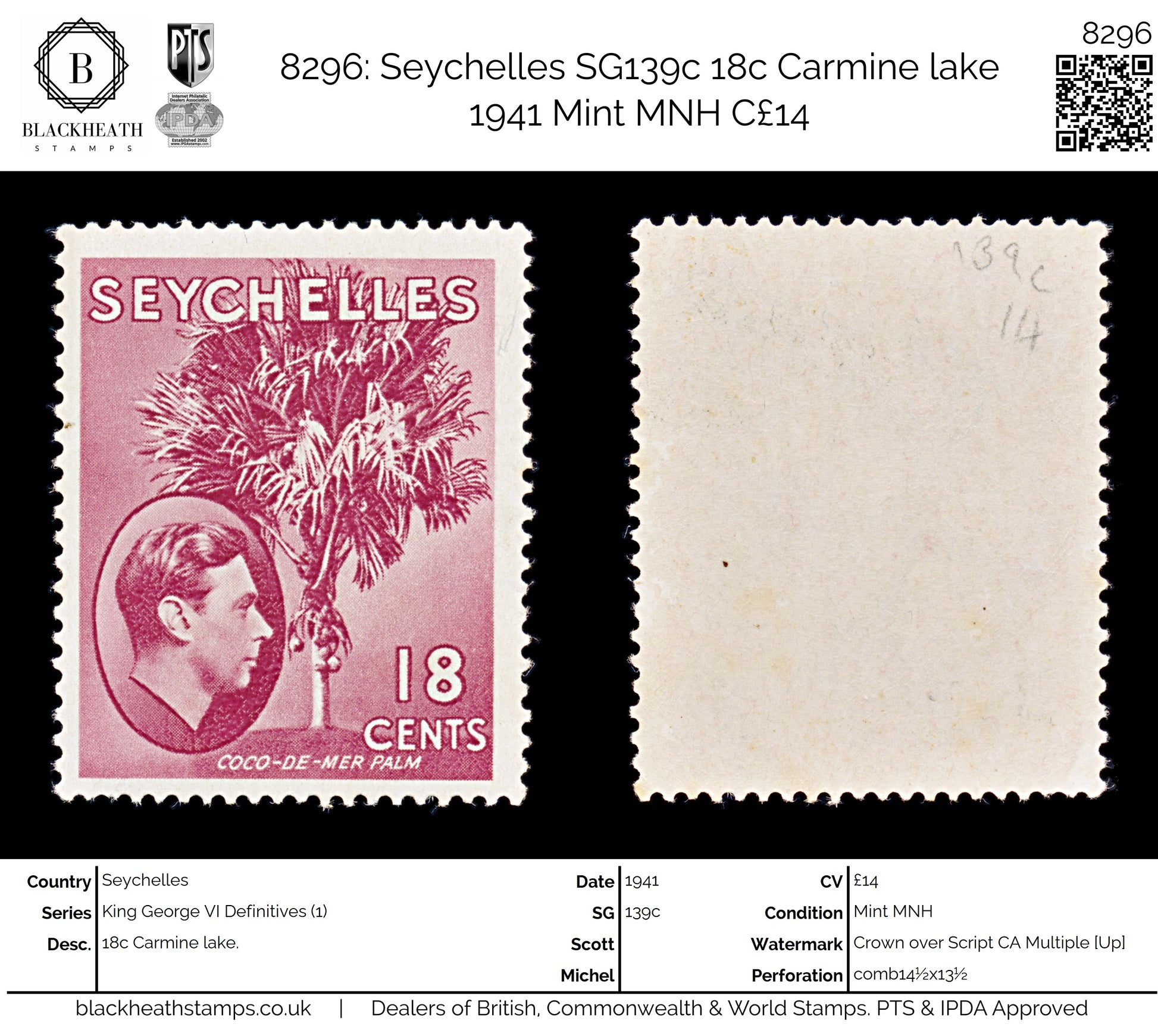8296: Seychelles SG139c 18c Carmine lake 1941 Mint MNH C£14