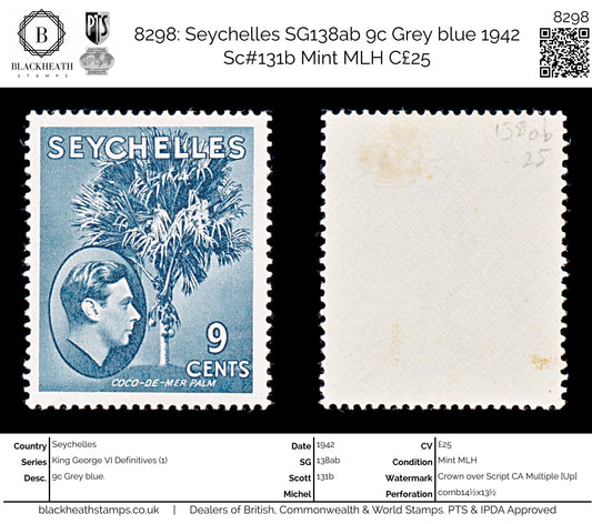 8298: Seychelles SG138ab 9c Grey blue 1942 Sc#131b Mint MLH C£25
