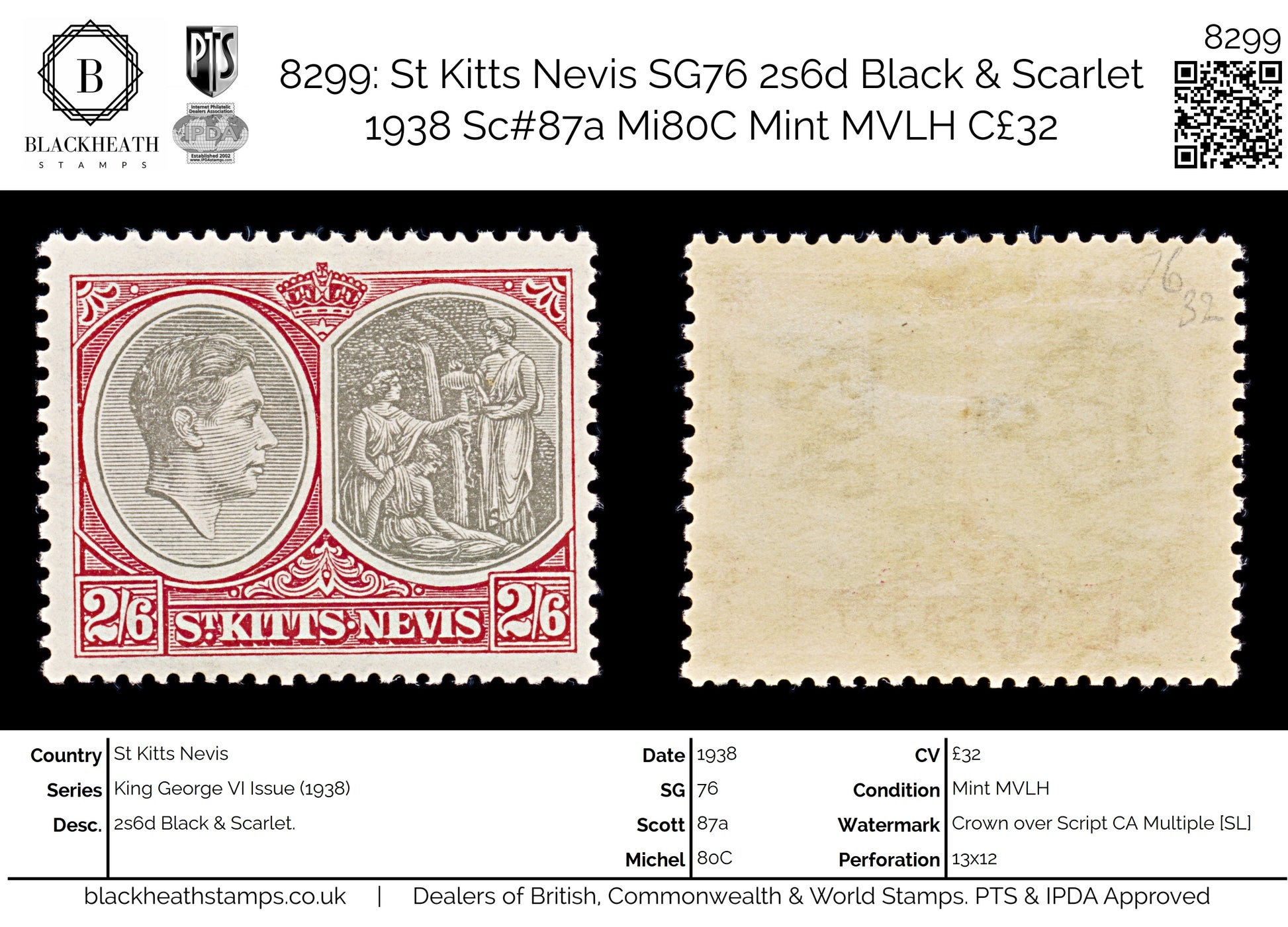 8299: St Kitts Nevis SG76 2s6d Black & Scarlet 1938 Sc#87a Mi80C Mint MVLH C£32