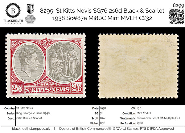 8299: St Kitts Nevis SG76 2s6d Black & Scarlet 1938 Sc#87a Mi80C Mint MVLH C£32