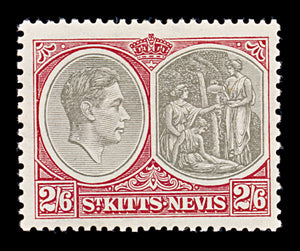 8299: St Kitts Nevis SG76 2s6d Black & Scarlet 1938 Sc#87a Mi80C Mint MVLH C£32