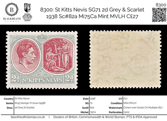 8300: St Kitts Nevis SG71 2d Grey & Scarlet 1938 Sc#82a Mi75Ca Mint MVLH C£27