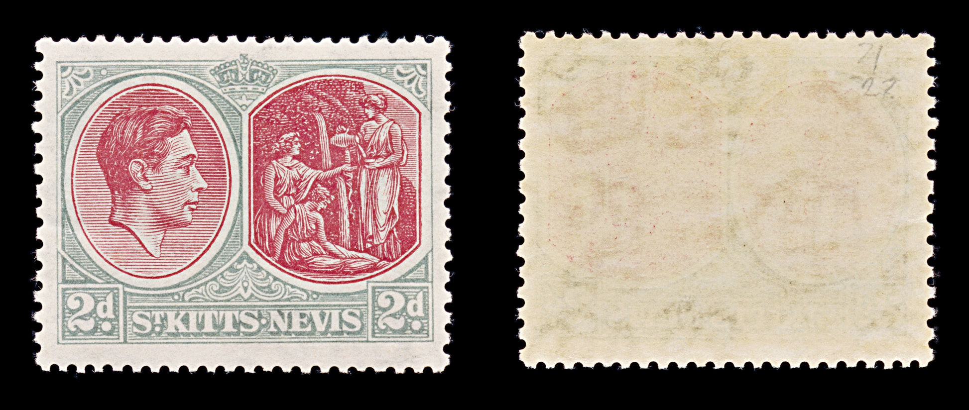 8300: St Kitts Nevis SG71 2d Grey & Scarlet 1938 Sc#82a Mi75Ca Mint MVLH C£27
