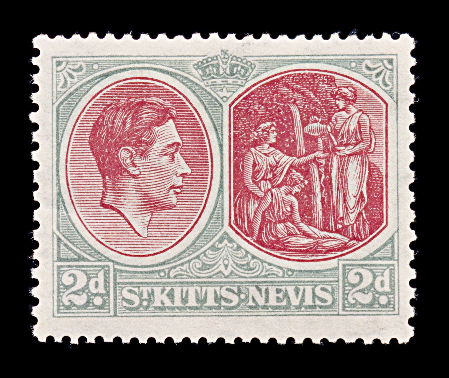 8300: St Kitts Nevis SG71 2d Grey & Scarlet 1938 Sc#82a Mi75Ca Mint MVLH C£27