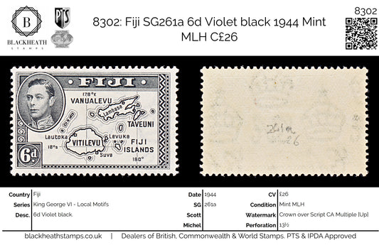 8302: Fiji SG261a 6d Violet black 1944 Mint MLH C£26