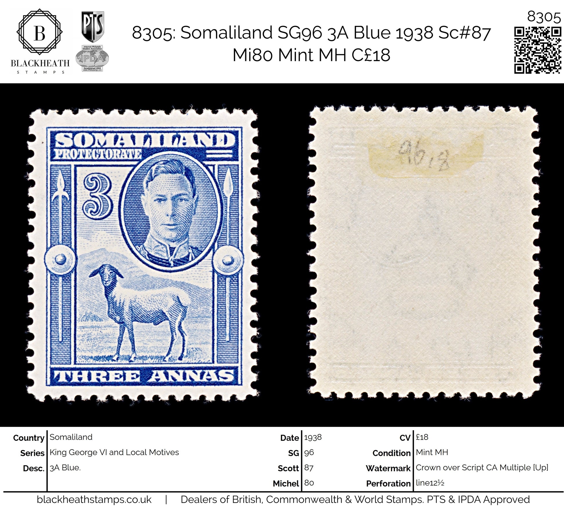 8305: Somaliland SG96 3A Blue 1938 Sc#87 Mi80 Mint MH C£18