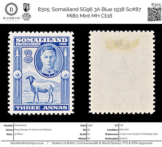 8305: Somaliland SG96 3A Blue 1938 Sc#87 Mi80 Mint MH C£18