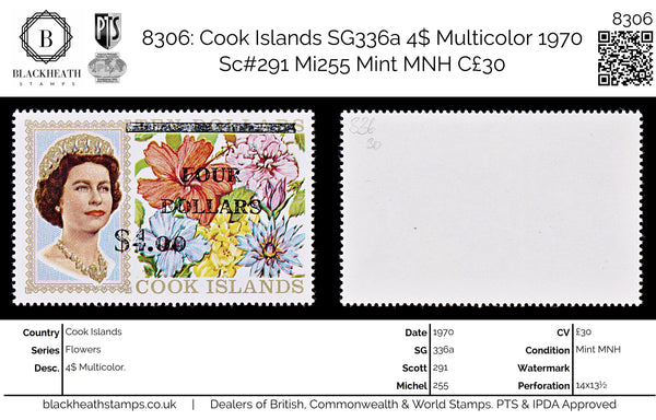 8306: Cook Islands SG336a 4$ Multicolor 1970 Sc#291 Mi255 Mint MNH C£30