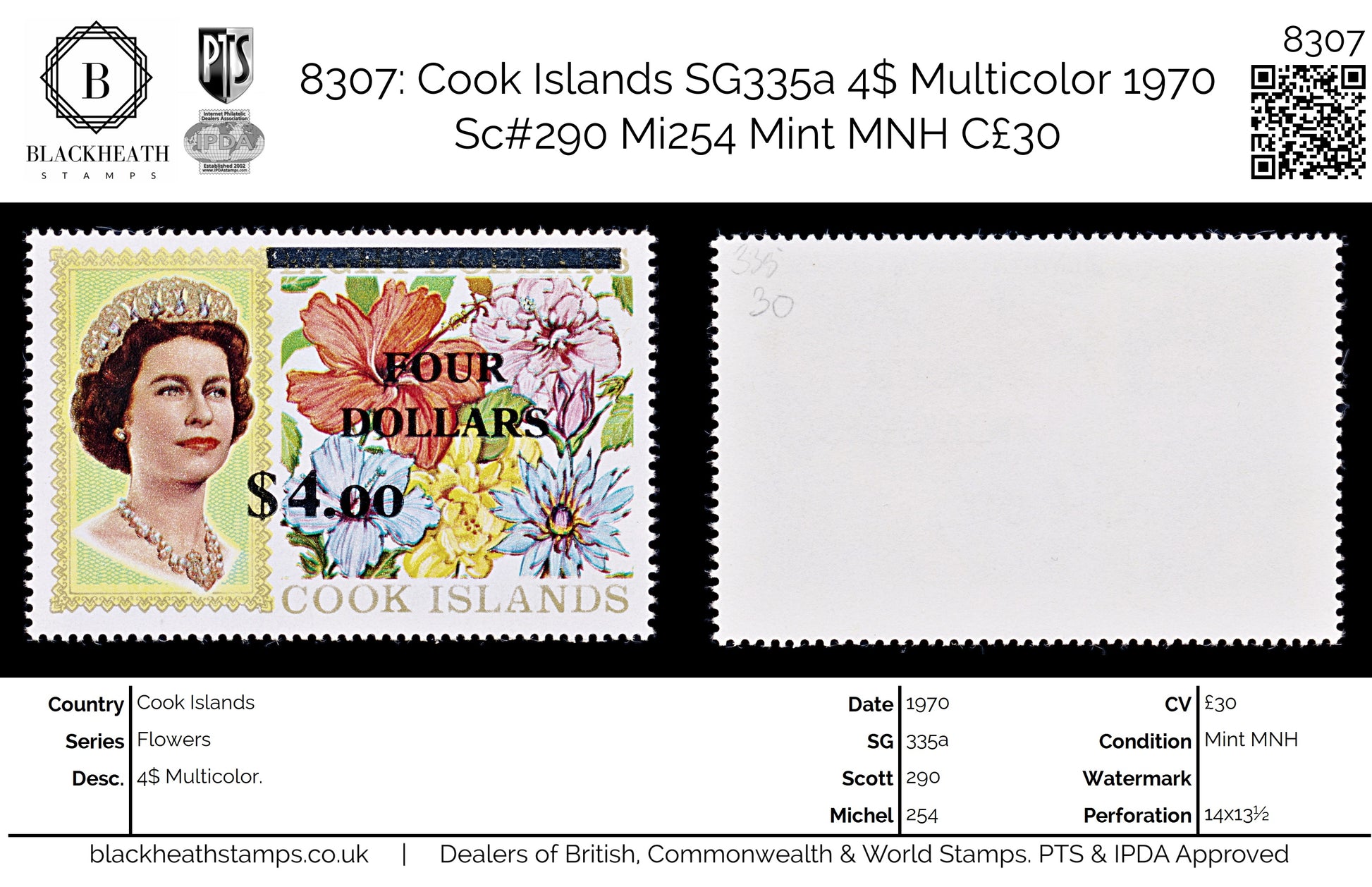 8307: Cook Islands SG335a 4$ Multicolor 1970 Sc#290 Mi254 Mint MNH C£30