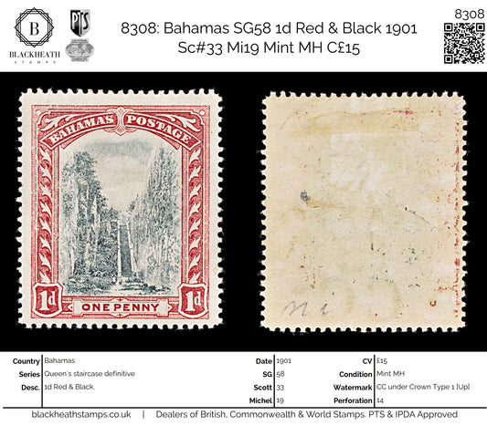 8308: Bahamas SG58 1d Red & Black 1901 Sc#33 Mi19 Mint MH C£15