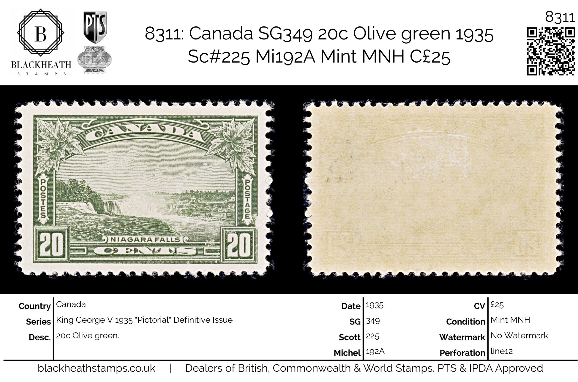 8311: Canada SG349 20c Olive green 1935 Sc#225 Mi192A Mint MNH C£25