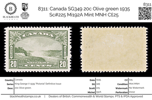 8311: Canada SG349 20c Olive green 1935 Sc#225 Mi192A Mint MNH C£25