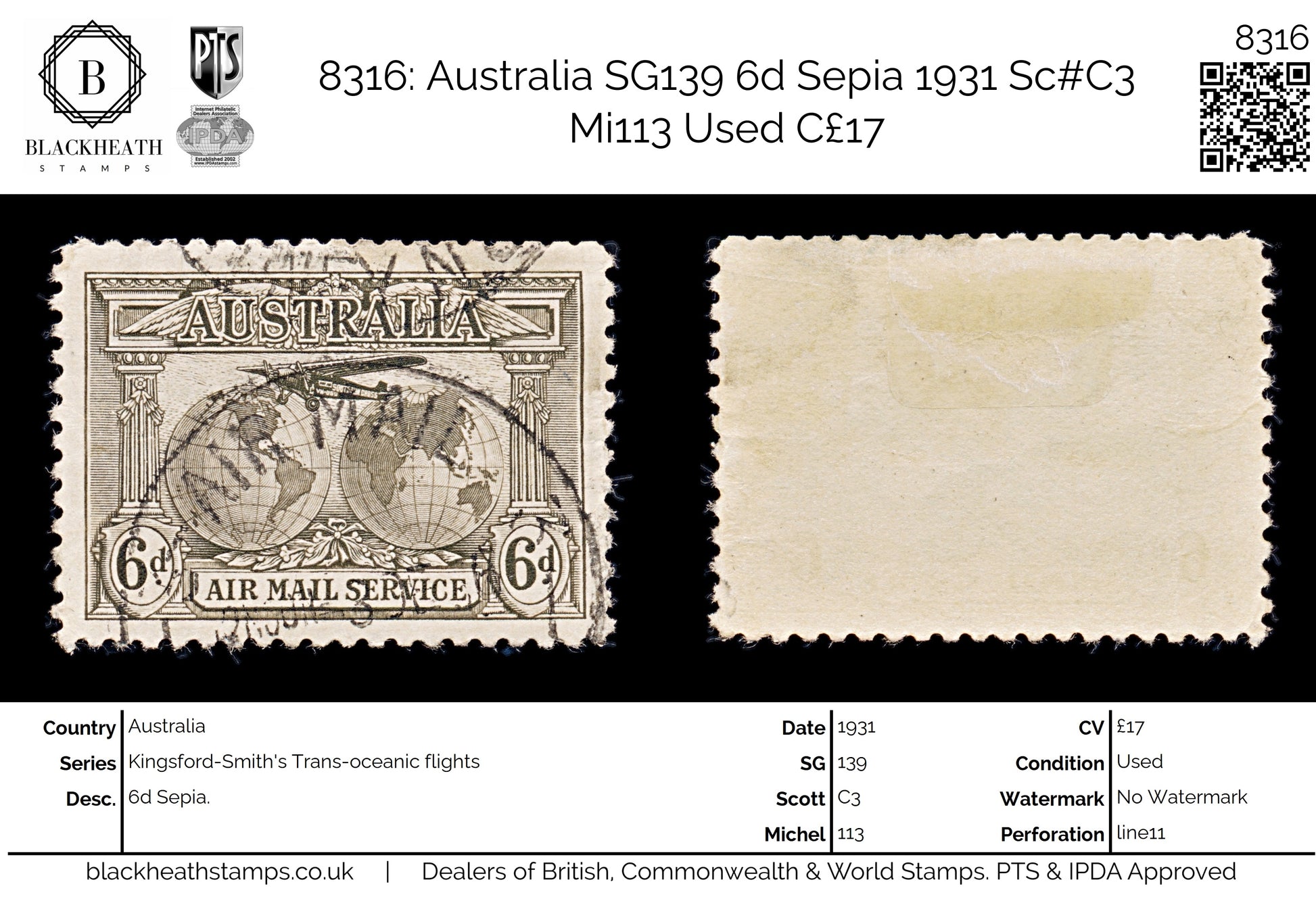 8316: Australia SG139 6d Sepia 1931 Sc#C3 Mi113 Used C£17