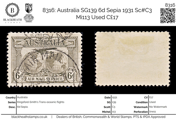 8316: Australia SG139 6d Sepia 1931 Sc#C3 Mi113 Used C£17