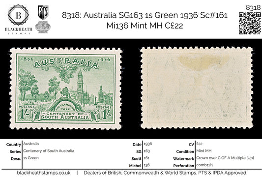 8318: Australia SG163 1s Green 1936 Sc#161 Mi136 Mint MH C£22