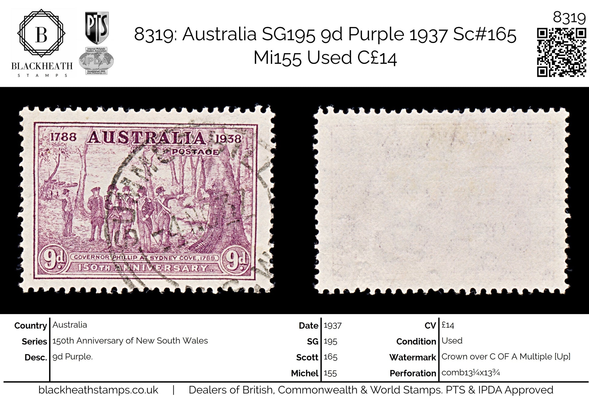 8319: Australia SG195 9d Purple 1937 Sc#165 Mi155 Used C£14
