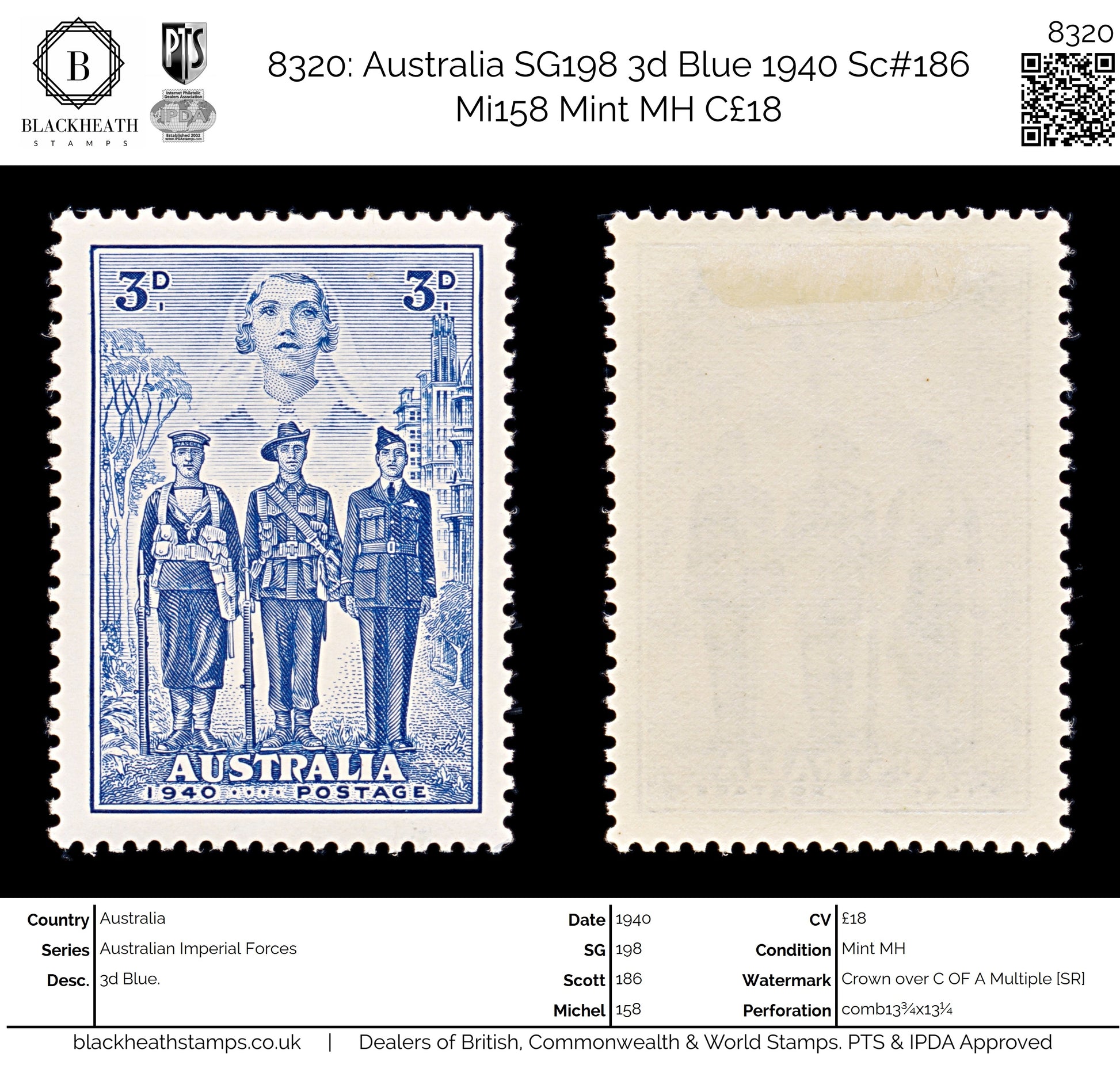 8320: Australia SG198 3d Blue 1940 Sc#186 Mi158 Mint MH C£18