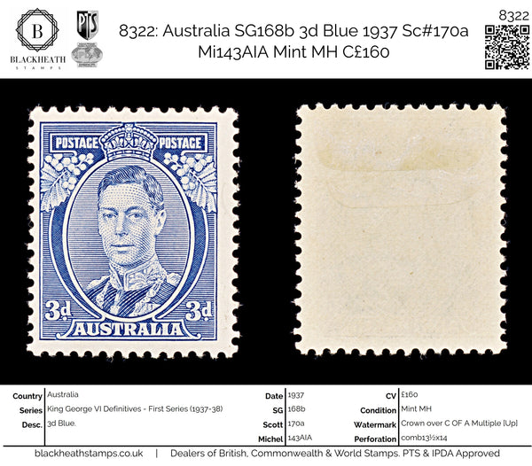8322: Australia SG168b 3d Blue 1937 Sc#170a Mi143AIA Mint MH C£160