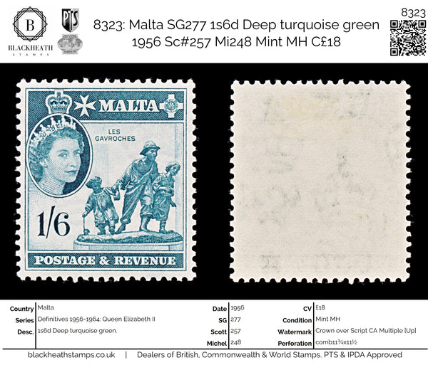 8323: Malta SG277 1s6d Deep turquoise green 1956 Sc#257 Mi248 Mint MH C£18