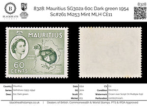 8328: Mauritius SG302a 60c Dark green 1954 Sc#261 Mi253 Mint MLH C£11