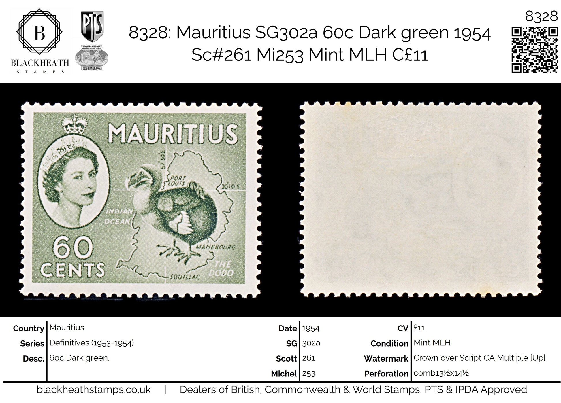 8328: Mauritius SG302a 60c Dark green 1954 Sc#261 Mi253 Mint MLH C£11
