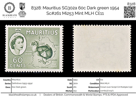 8328: Mauritius SG302a 60c Dark green 1954 Sc#261 Mi253 Mint MLH C£11