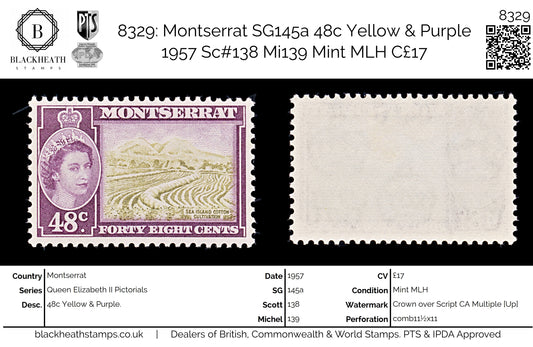 8329: Montserrat SG145a 48c Yellow & Purple 1957 Sc#138 Mi139 Mint MLH C£17