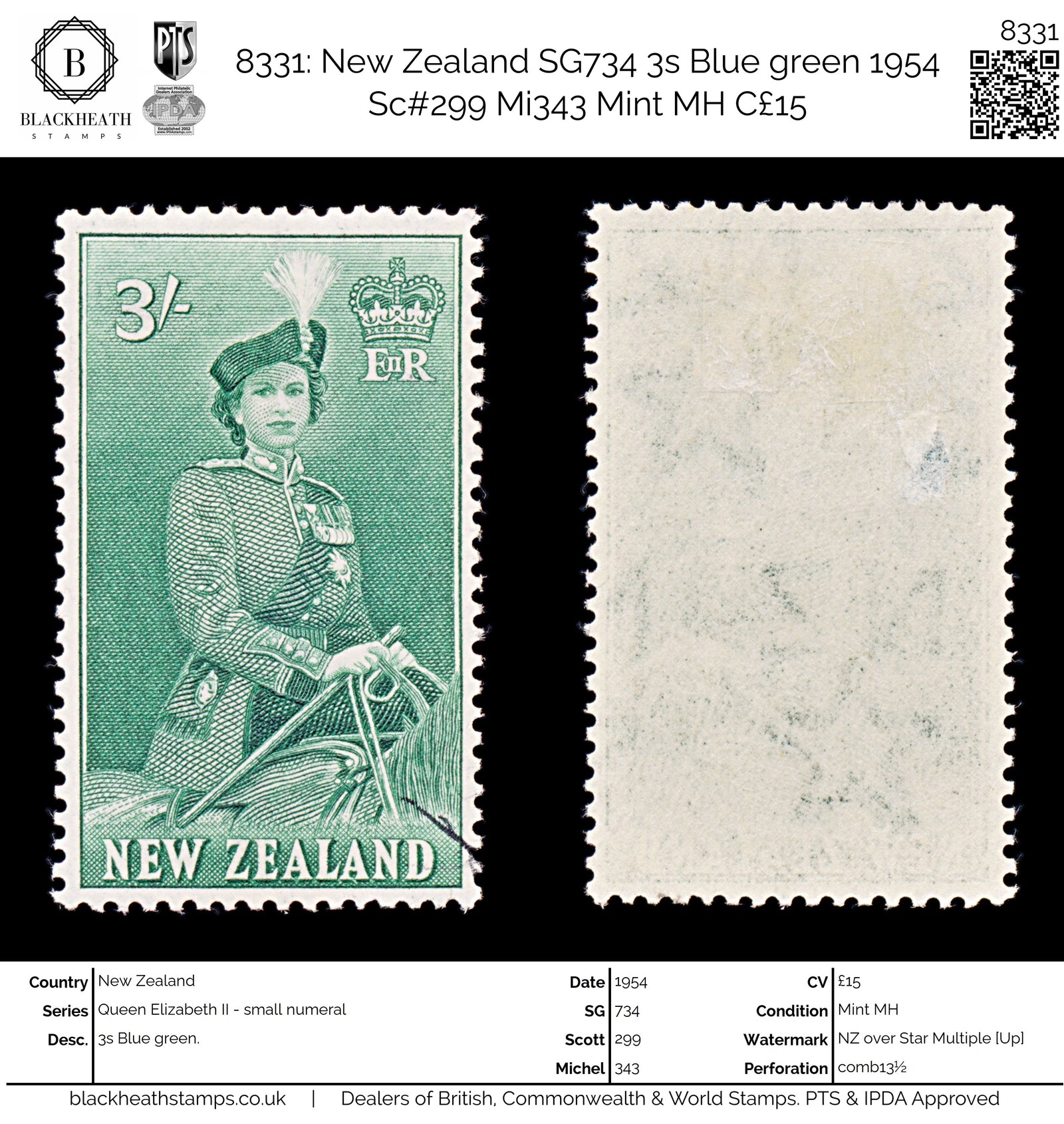 8331: New Zealand SG734 3s Blue green 1954 Sc#299 Mi343 Mint MH C£15