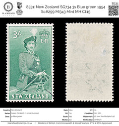 8331: New Zealand SG734 3s Blue green 1954 Sc#299 Mi343 Mint MH C£15, view 1