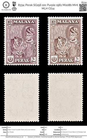 8334: Perak SG156 10c Purple 1961 Mi108b Mint MLH C£14