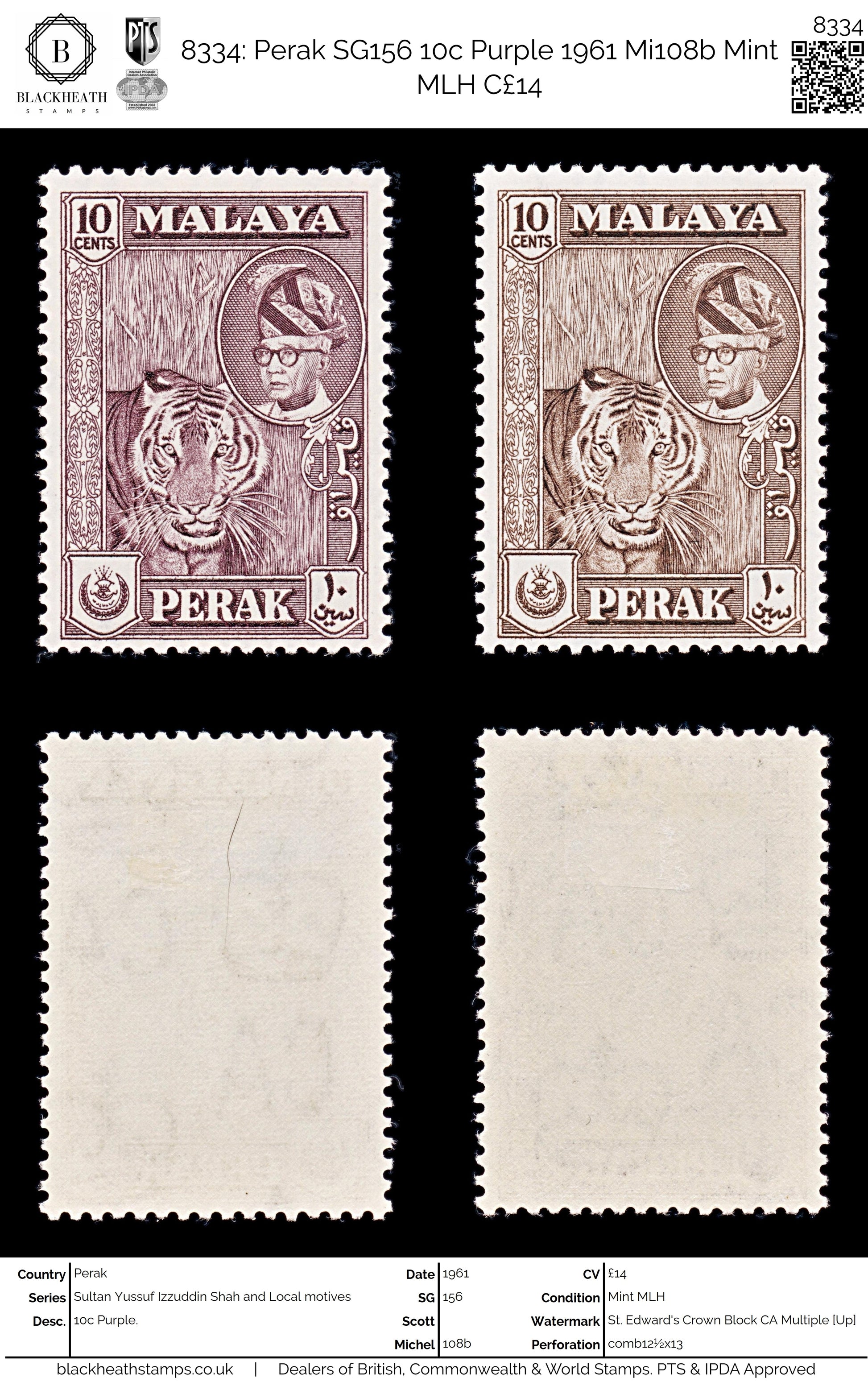 8334: Perak SG156 10c Purple 1961 Mi108b Mint MLH C£14