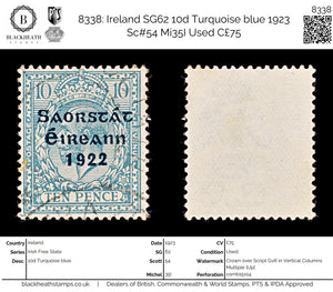 8338: Ireland SG62 10d Turquoise blue 1923 Sc#54 Mi35I Used C£75