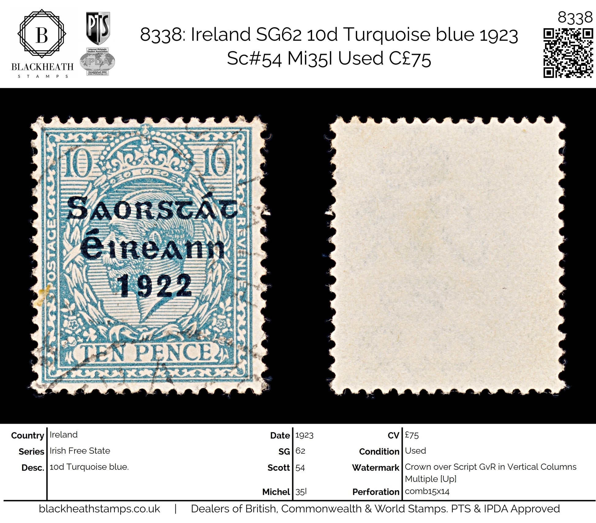 8338: Ireland SG62 10d Turquoise blue 1923 Sc#54 Mi35I Used C£75