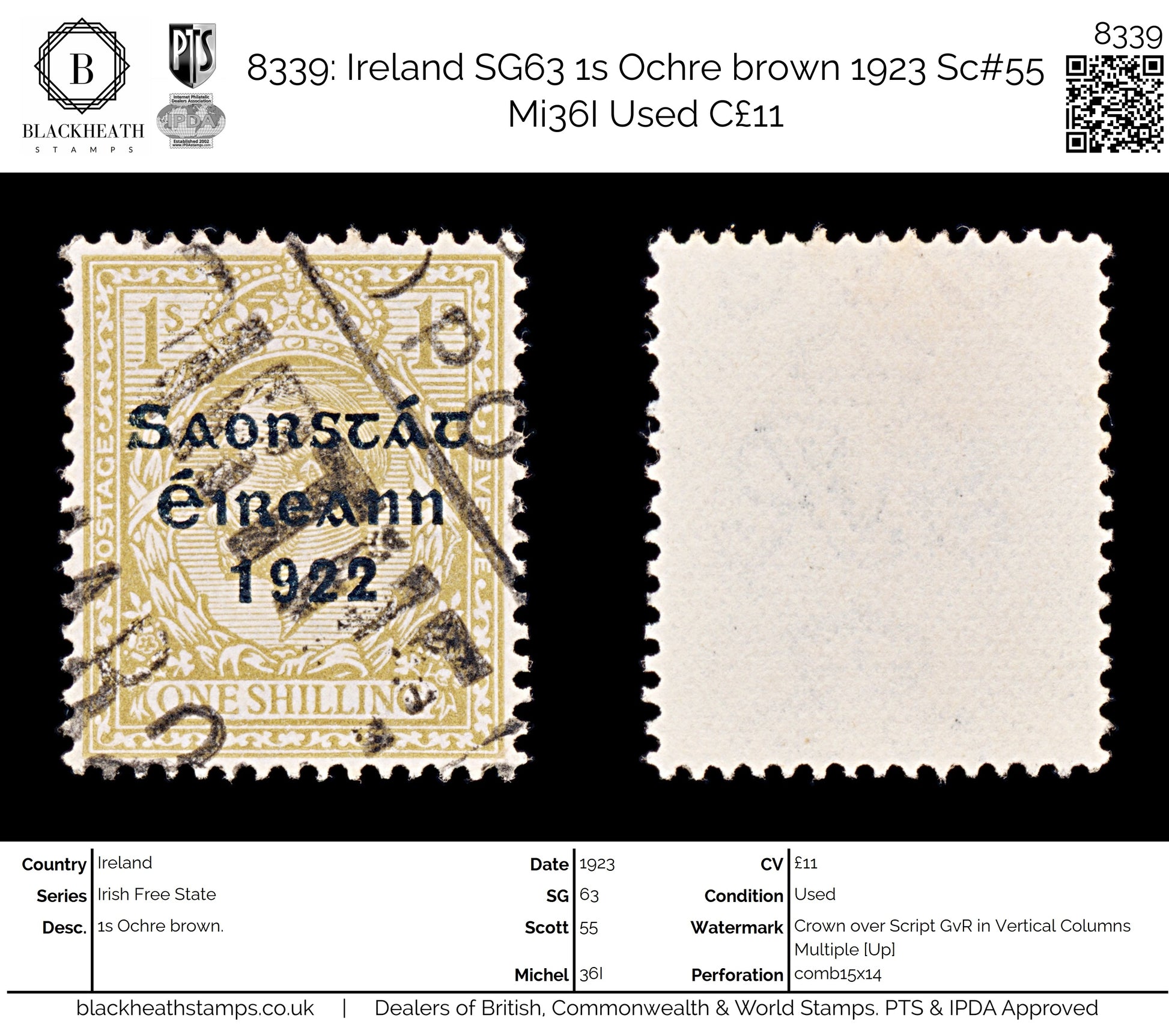 8339: Ireland SG63 1s Ochre brown 1923 Sc#55 Mi36I Used C£11