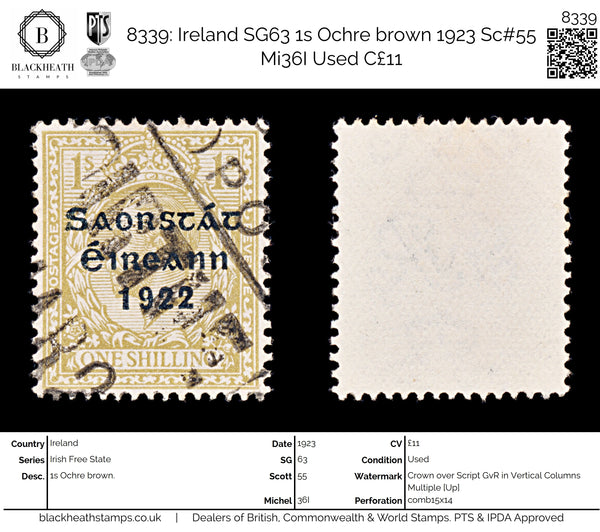 8339: Ireland SG63 1s Ochre brown 1923 Sc#55 Mi36I Used C£11