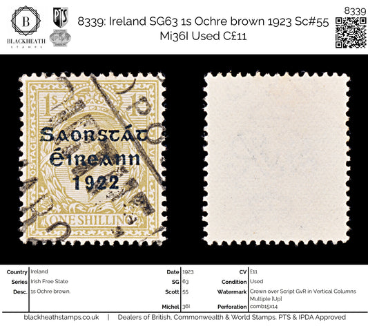8339: Ireland SG63 1s Ochre brown 1923 Sc#55 Mi36I Used C£11
