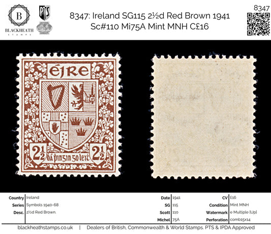 8347: Ireland SG115 2½d Red Brown 1941 Sc#110 Mi75A Mint MNH C£16