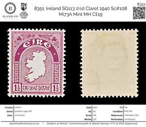 8351: Ireland SG113 1½d Claret 1940 Sc#108 Mi73A Mint MH C£19