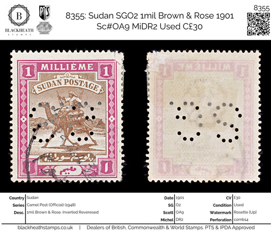 8355: Sudan SGO2 1mil Brown & Rose 1901 Sc#OA9 MiDR2 Used C£30