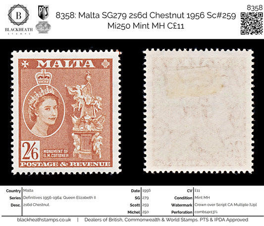8358: Malta SG279 2s6d Chestnut 1956 Sc#259 Mi250 Mint MH C£11