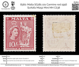 8360: Malta SG281 10s Carmine red 1956 Sc#261 Mi252 Mint MH C£38