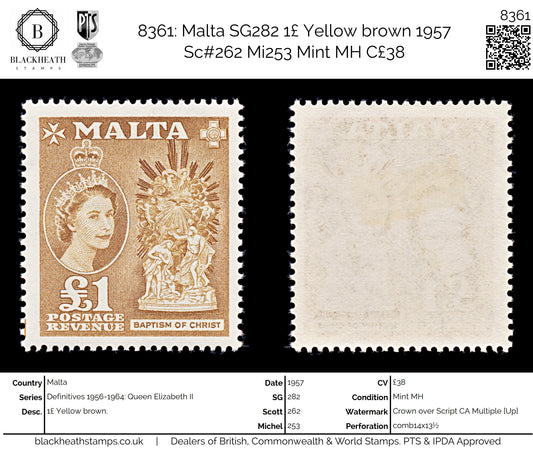 8361: Malta SG282 1£ Yellow brown 1957 Sc#262 Mi253 Mint MH C£38
