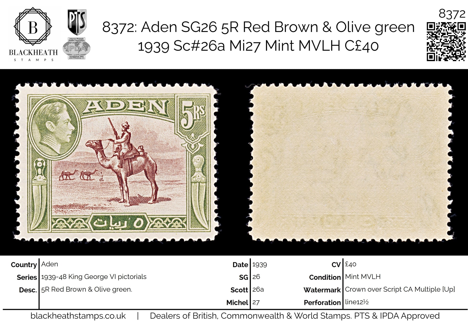 8372: Aden SG26 5R Red Brown & Olive green 1939 Sc#26a Mi27 Mint MVLH C£40