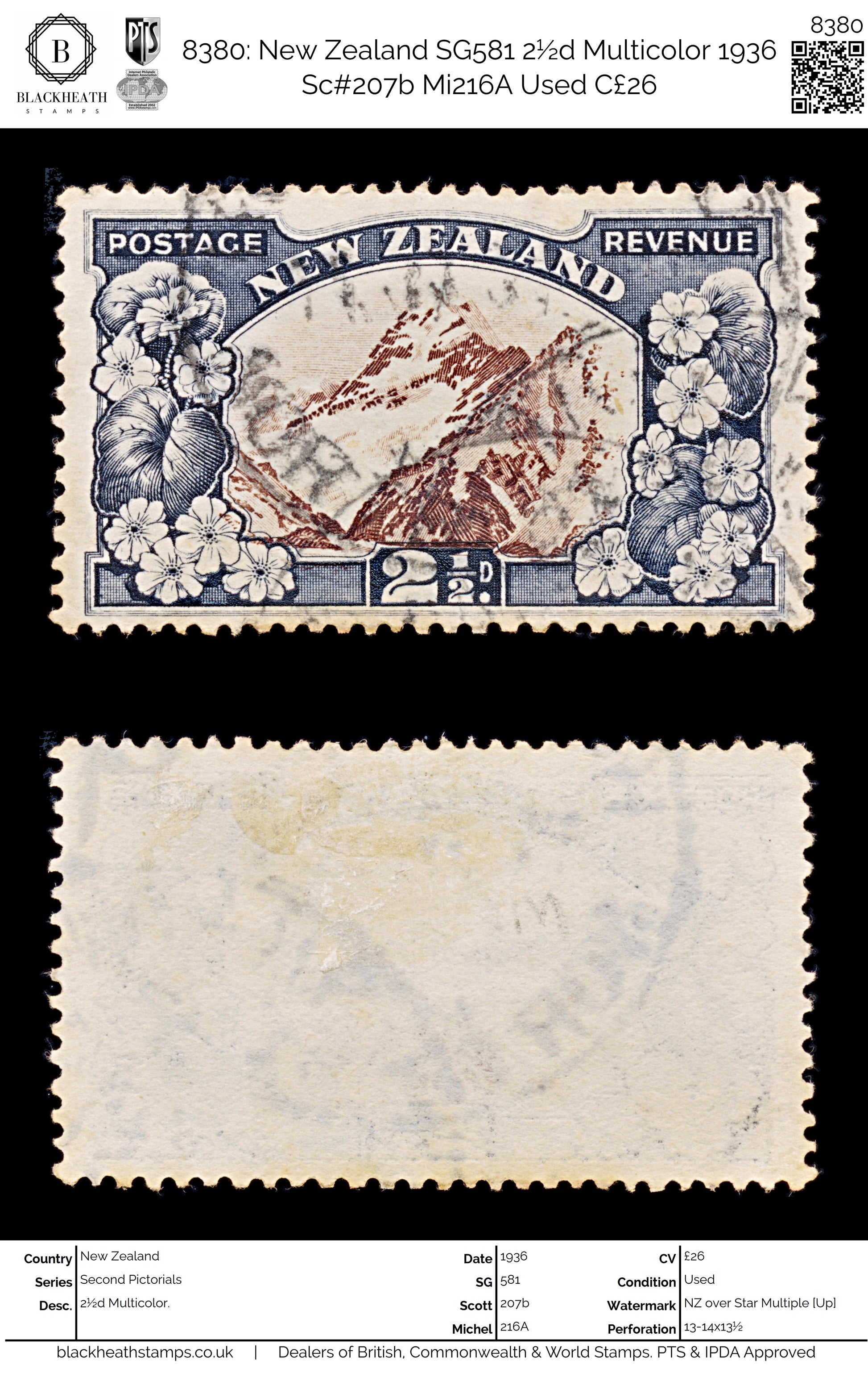 8380: New Zealand SG581 2½d Multicolor 1936 Sc#207b Mi216A Used C£26