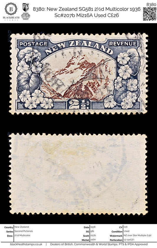 8380: New Zealand SG581 2½d Multicolor 1936 Sc#207b Mi216A Used C£26